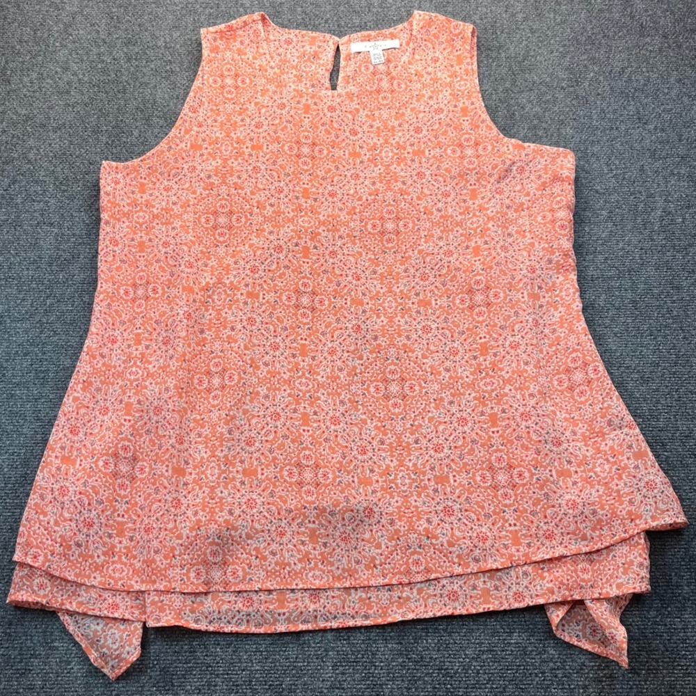 Fever Womens XL Orange Medallion Print Sleeveless Tiered Sharkbite Hem‎ Top Tank